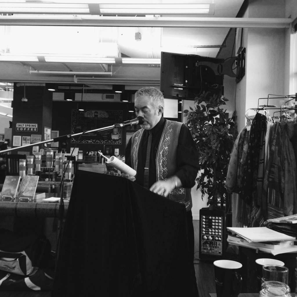 Dr. Trevor Carolan of UFV’s English department was one of the poets who read their work for an intimate crowd of students and faculty in the Abbotsford campus bookstore. (Image: Brittney Hensman)