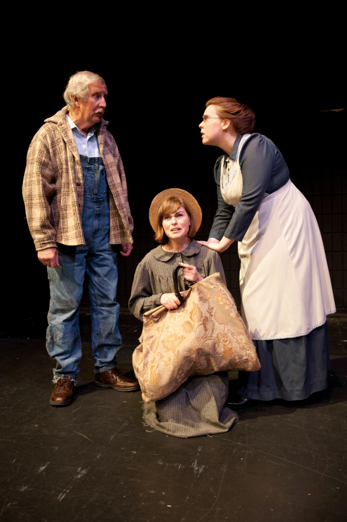  (Left to right) UFV Theatre alumni Glen Pinchin and Danielle Warmenhoven, together with Charlene Crawford, rehearse a scene from Anne of Green Gables. (Image:  Dianna Lewis, Creative Memory Studios)