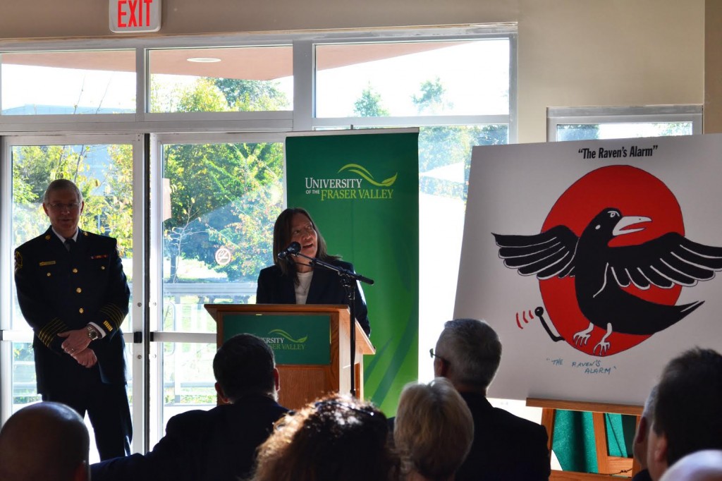 “The Raven’s Alarm,” a painting by Stephen Point, was unveiled by Gwen Point at the ceremony as the fire prevention campaign’s logo. (Image:  Valerie Franklin)