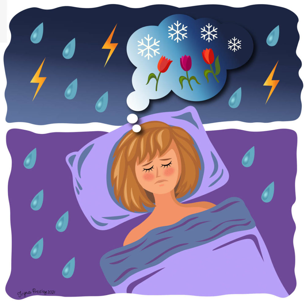 Illustration of a woman dreaming of snow and flowers, while rain and lightning surround her