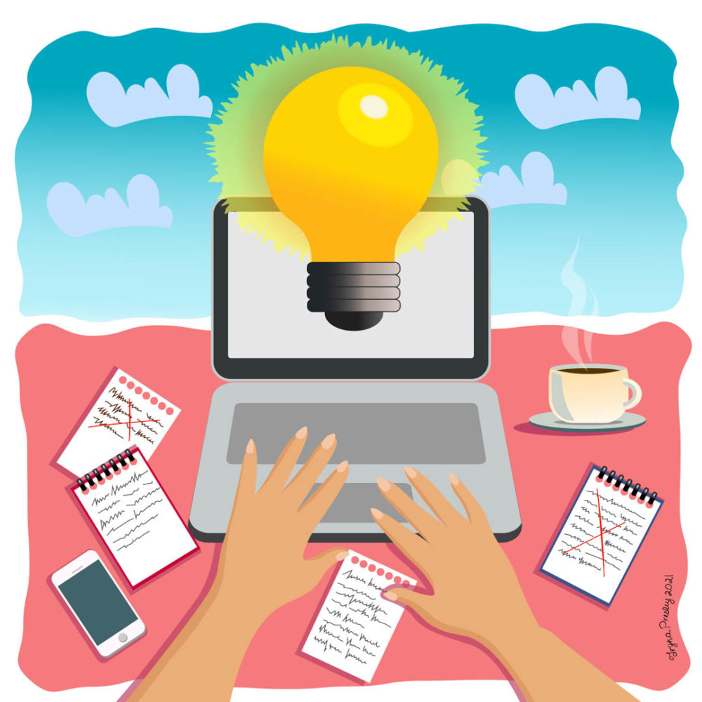 Illustration of hands at a laptop surrounded by notes, with an idea lightbulb going off