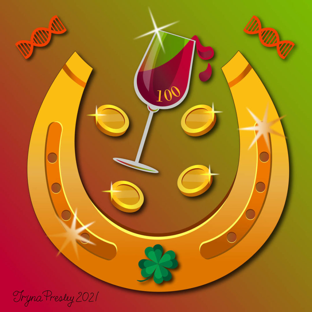 Illustration of a glass of wine surrounded by lucky horseshoe, coins, four-leaf clover, and some DNA strands. By Iryna Presley.