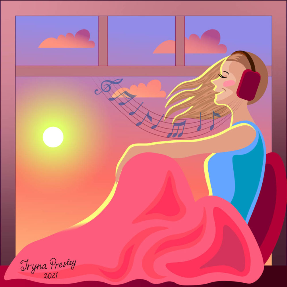 Illustraion of a woman sitting by a window enjoying music, by Iryna Presley.