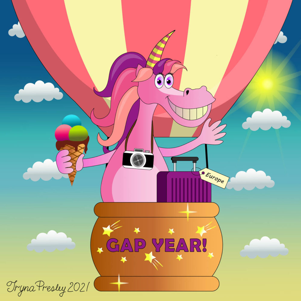 Illustration of a grinning unicorn in a hot air balloon with an ice cream cone and a suitcase with a tag reading "Europe." The balloon is labelled "gap year"
