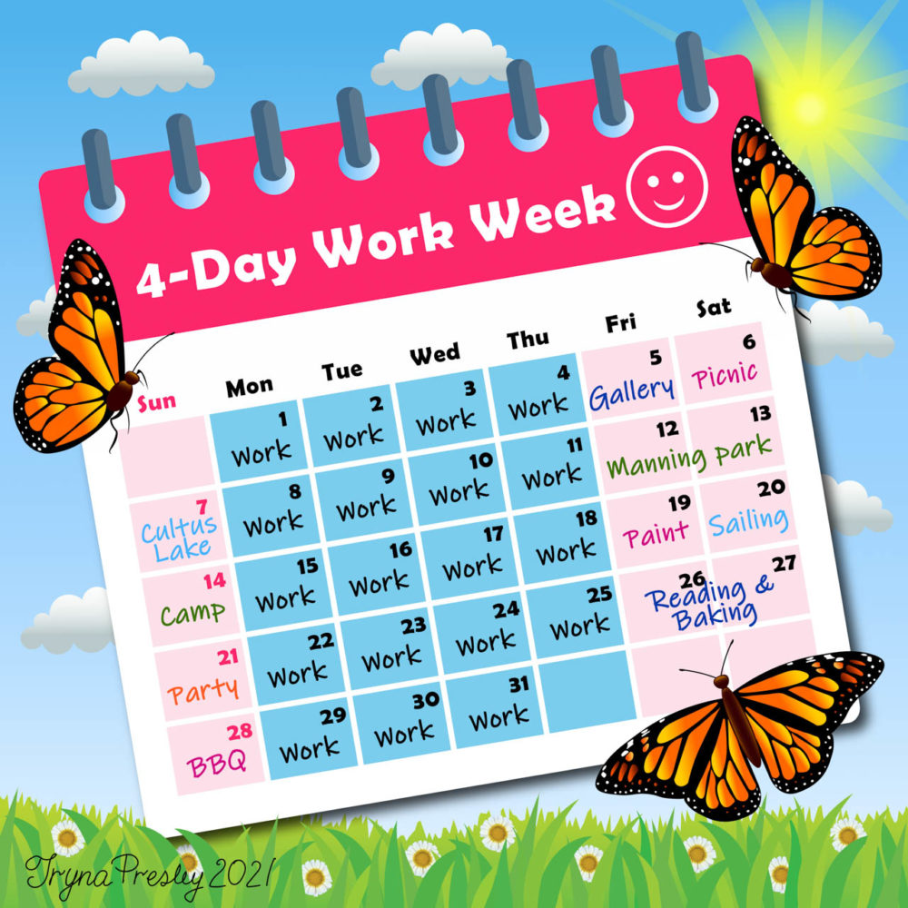 Illustration of a calendar that reads "four day work week" and shows a schedule with work from Monday to Thursday, and fun activities Friday, Saturday, and Sunday.