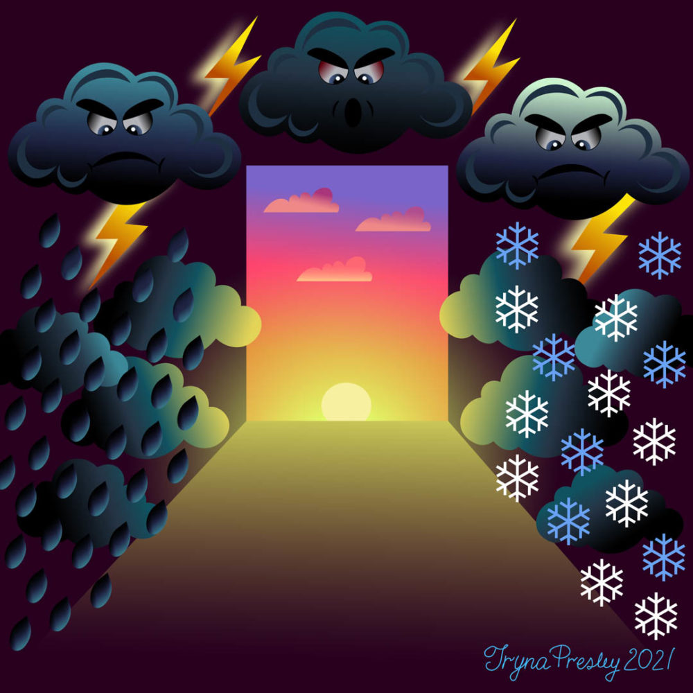 Illustration of scary storm clouds, with bright dawn breaking in the distance. By Iryna Presley.