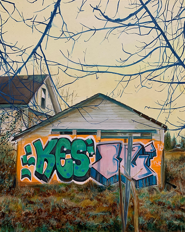 Painting by Chris Friesen of a building with graffiti on the wall