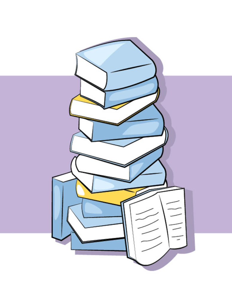 Illustration of a towering stack of books by Brielle Quon