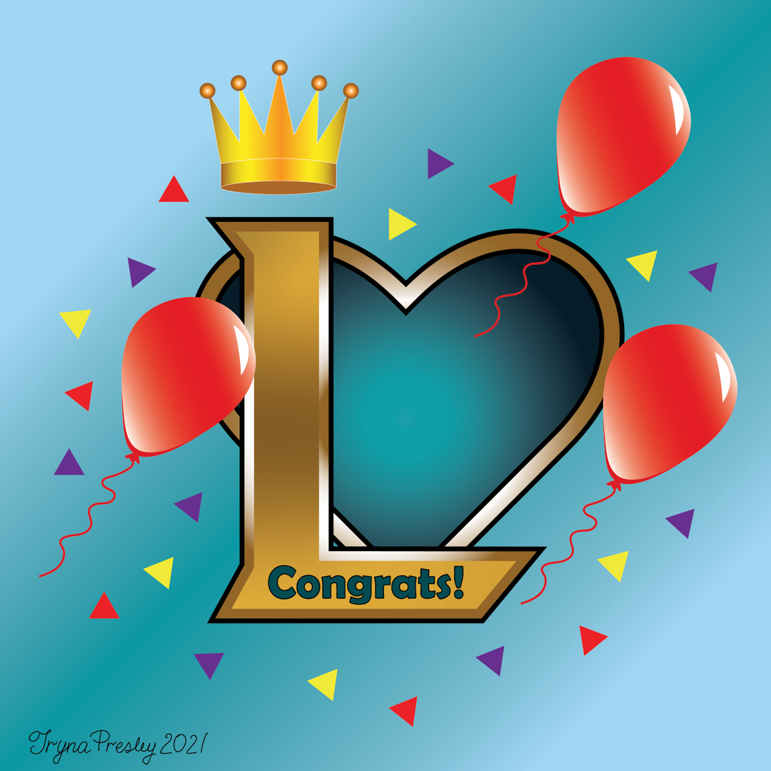 Illustration of the League of Legends logo turned into a heart shape, with balloons and confetti surrounding it. It's wearing a crown, and says "Congrats!"