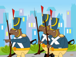 Illustration of marching capybaras wearing old-fashioned military uniforms