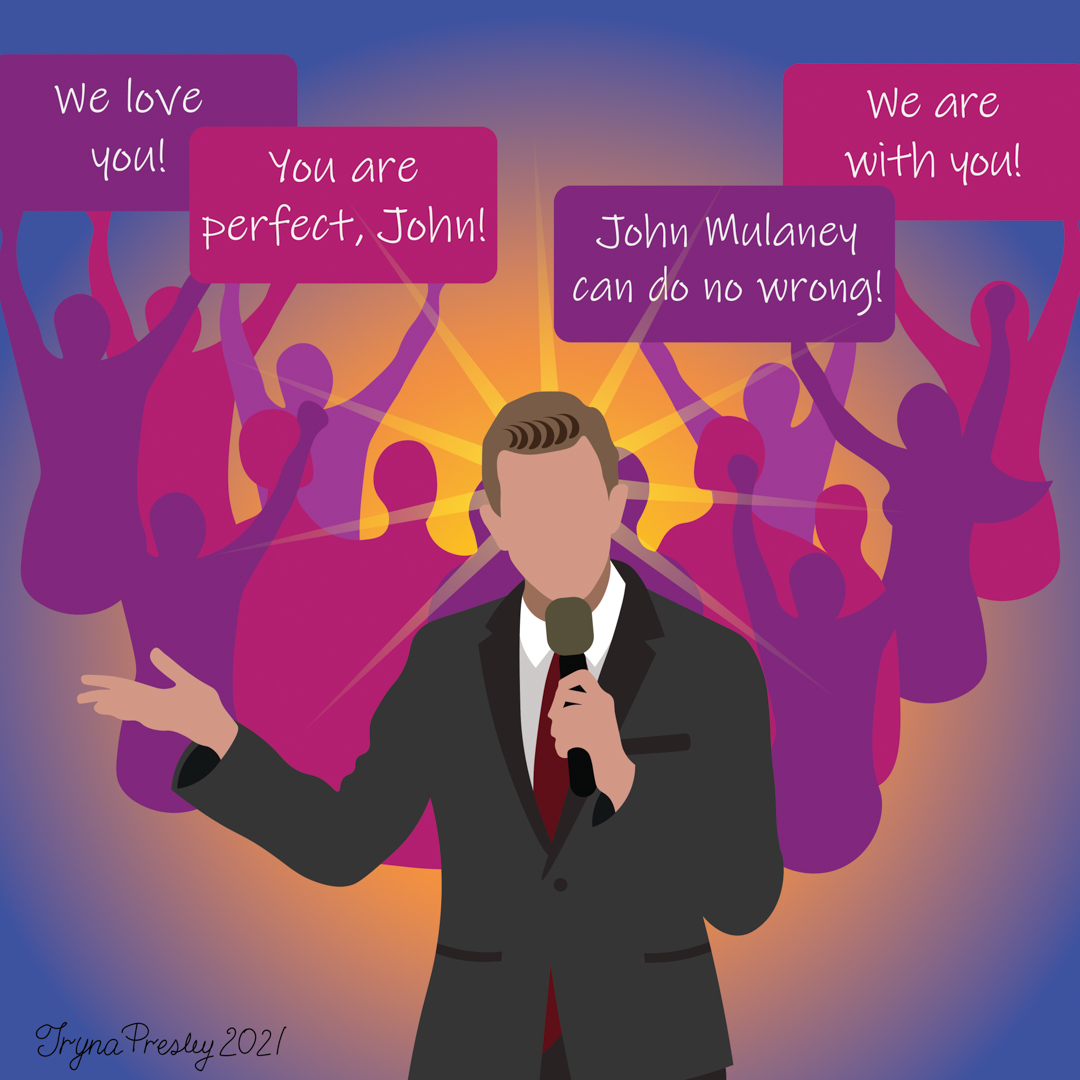 Illustration of John Mulany with a legion of fans holding supportive signs behind him