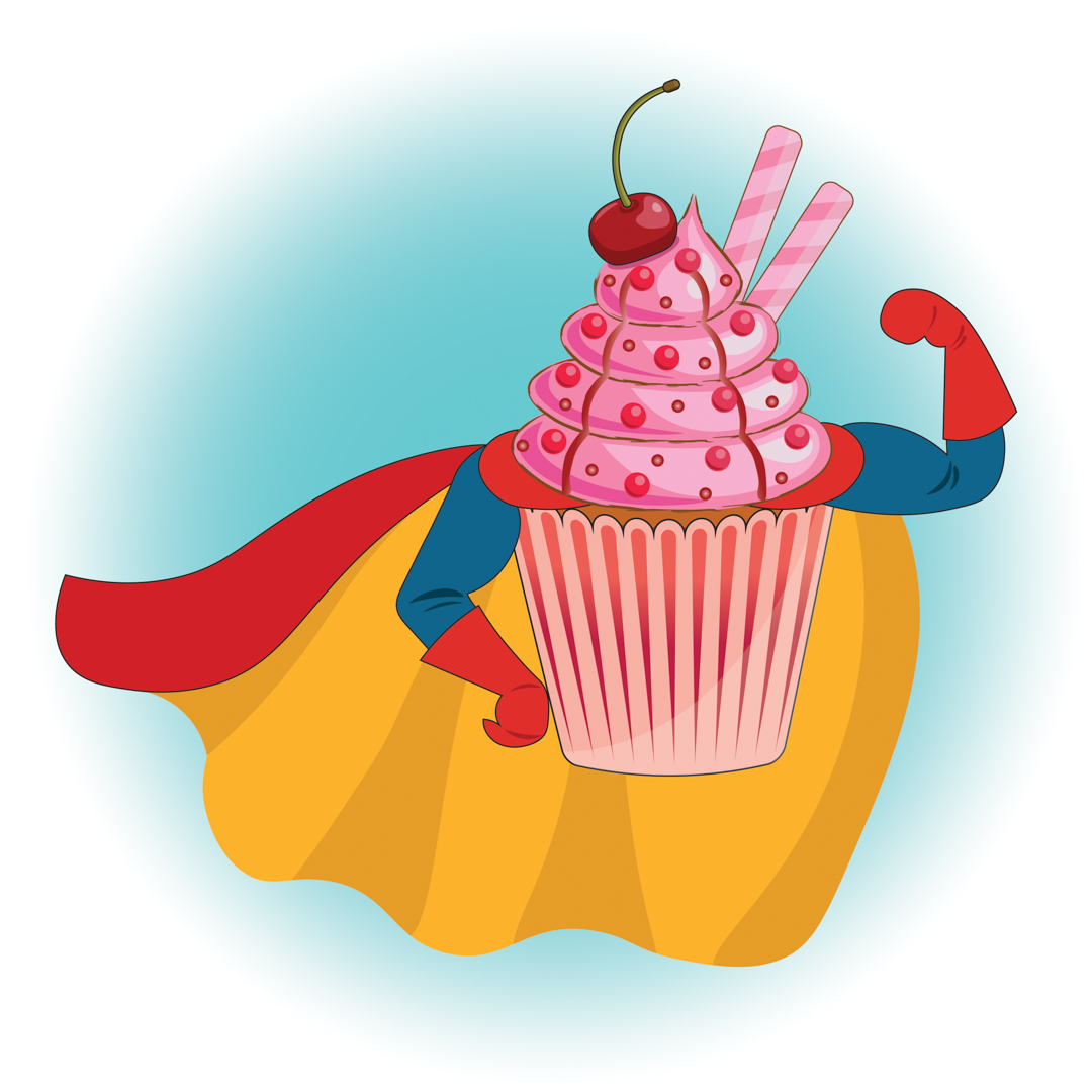 Illustration of a cupcake with a superhero cape and muscley arms