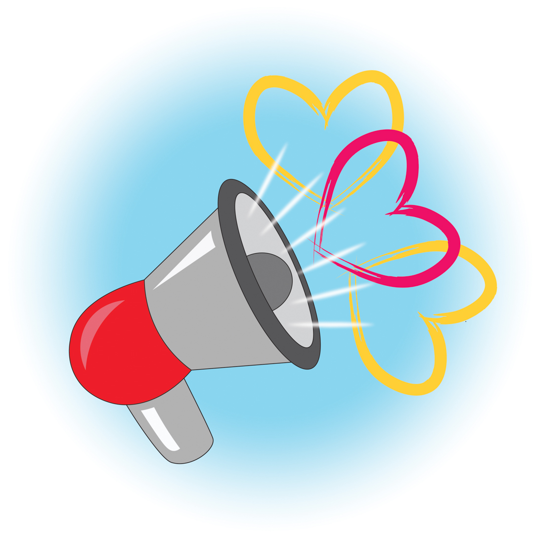 Illustration of a megaphone blasting out heart shapes