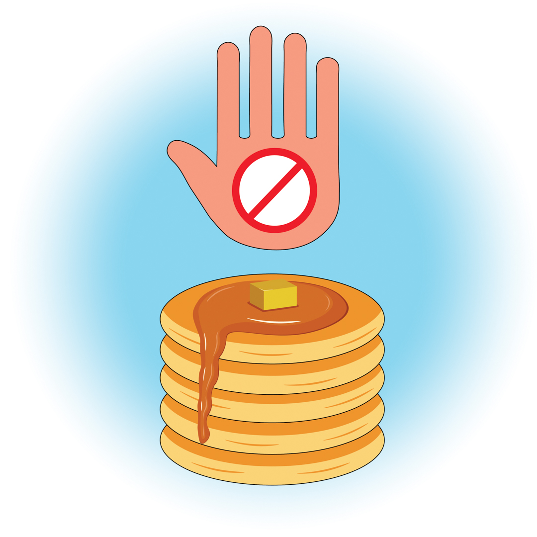 Illustration of a hand held up in a "stop" signal in front of a stack of pancakes