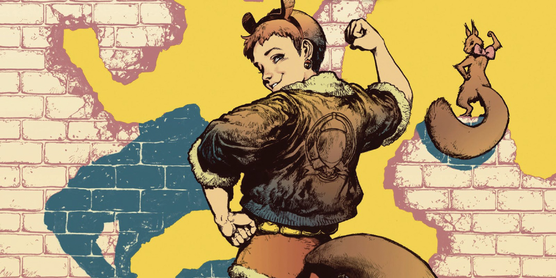 Art of Squirrel Girl posing and flexing while a squirrel does the same post next to her
