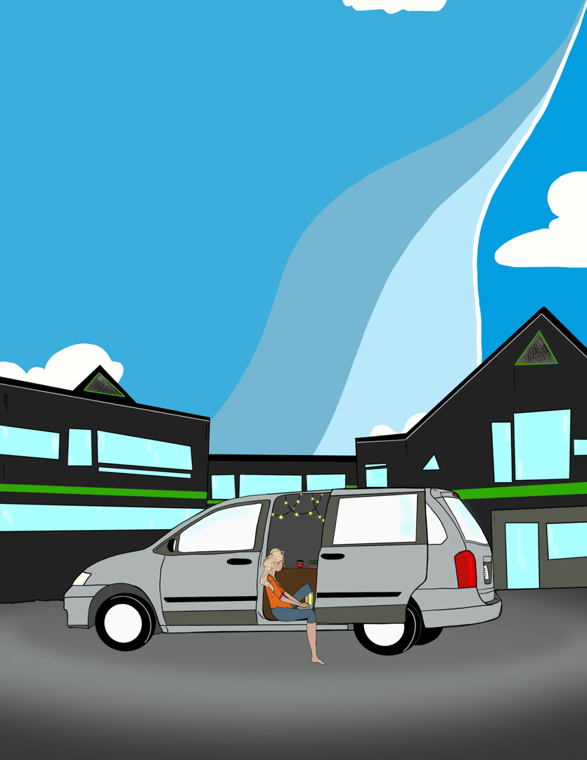 Illustration of a person sitting in the back of a van, in a parking lot. The door is open, and their foot is hanging out as they work on their laptop.
