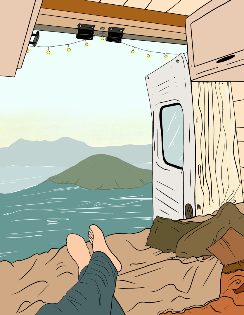 Illustration of an idylic view from a van home, with the back doors open looking out of water and mountains in the distance