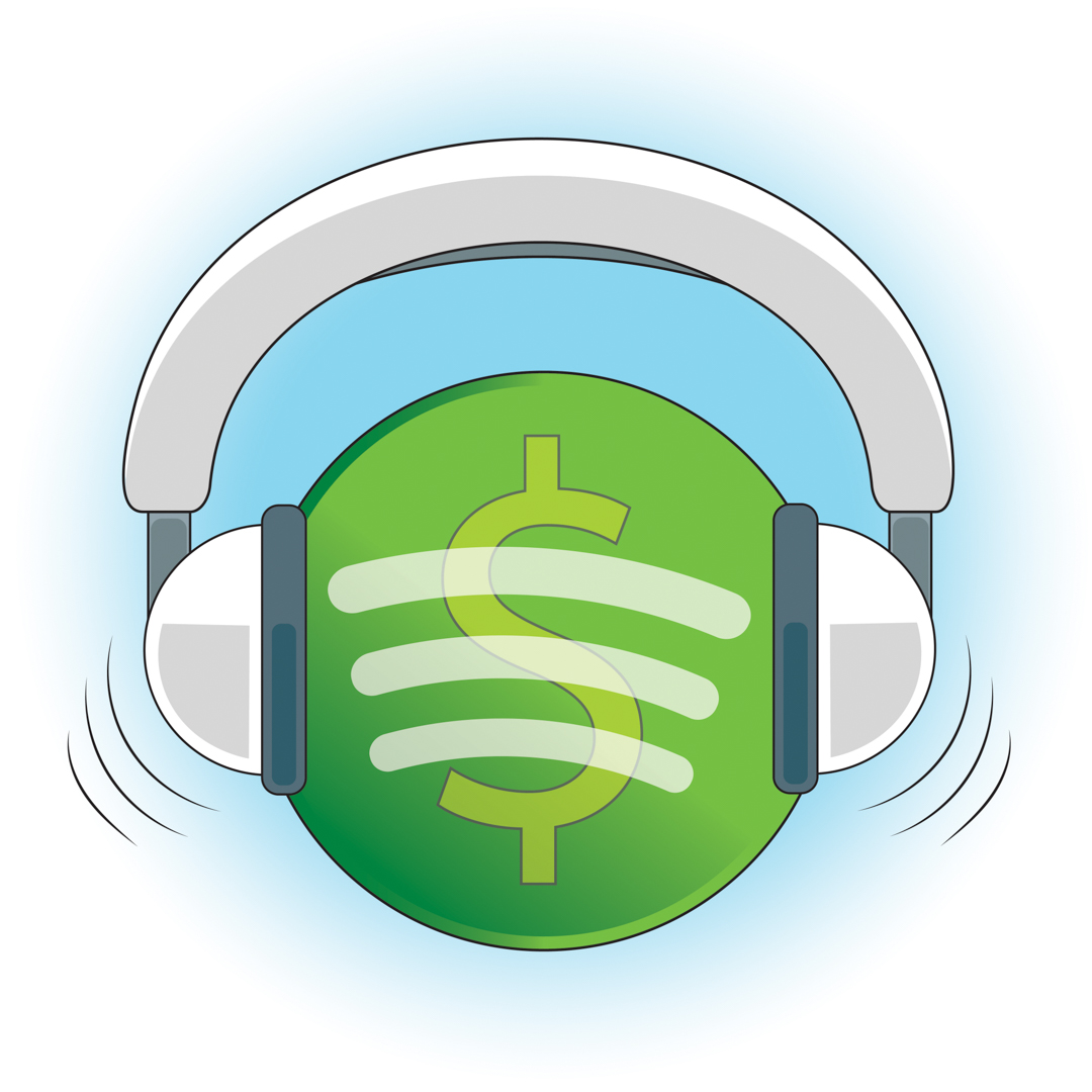 Illustration of the Spotify logo superimposed with a dollar sign, wearing headphones
