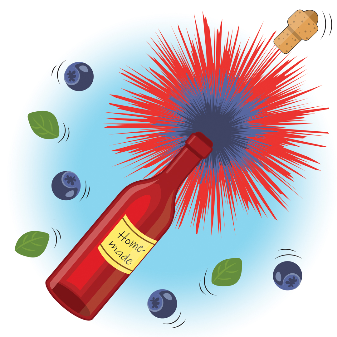 Illustration of illustration of a homemade wine bottle's cork popping