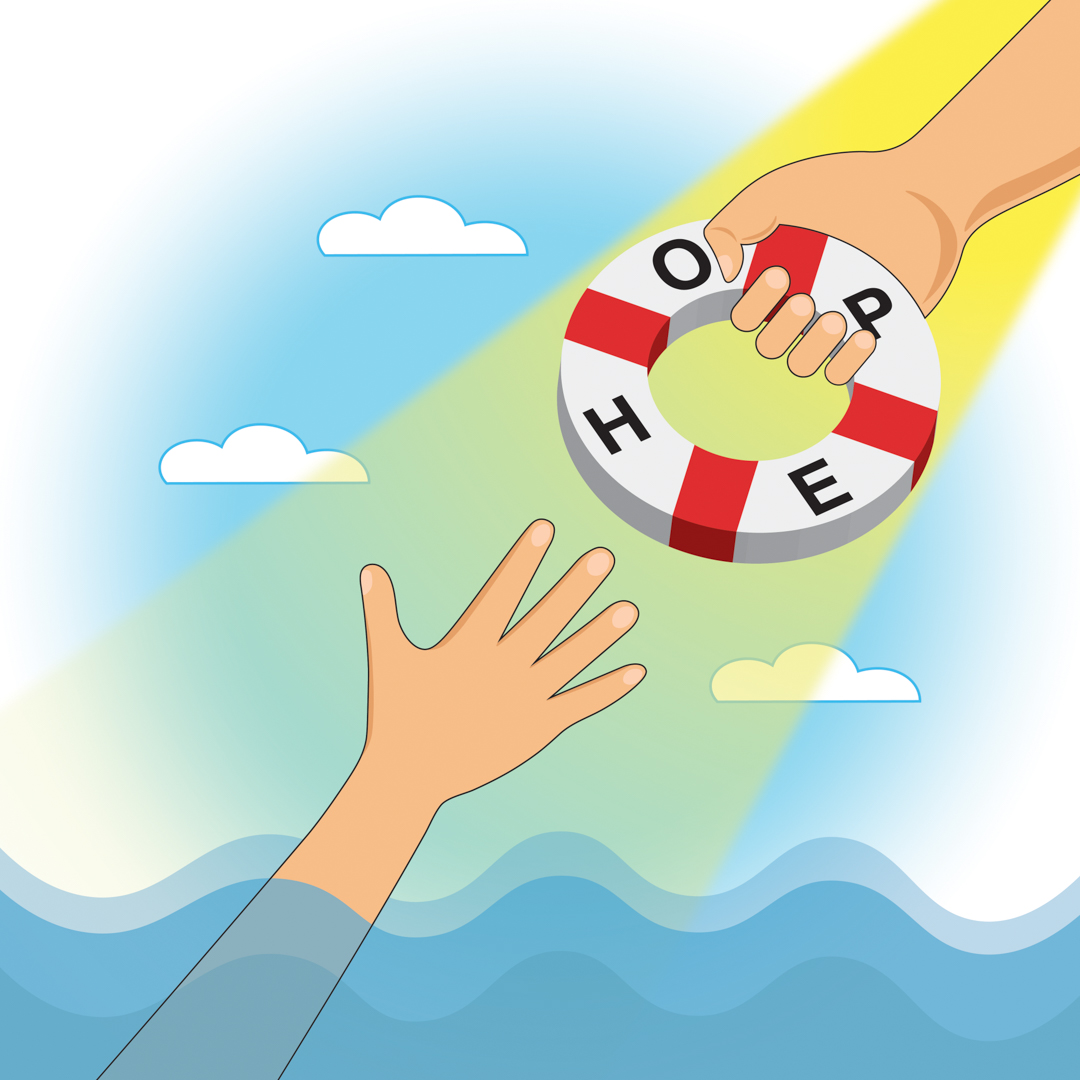 Illustration of a hand with a life saver that reads "hope" out to a drowning person