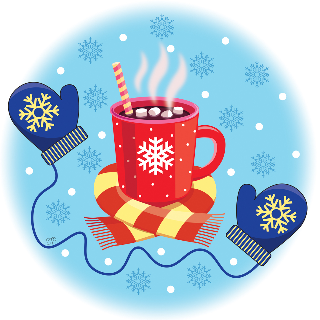 Illustration of a cozy cup of hot chocolate, some mittens, a scarf, and snowflakes