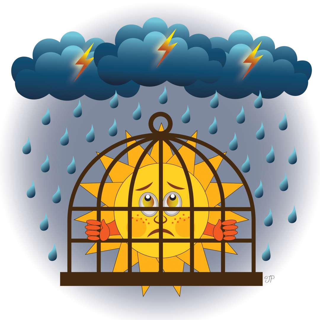 Illustration of the sun locked in a cage, looking sad, while storms rage outside