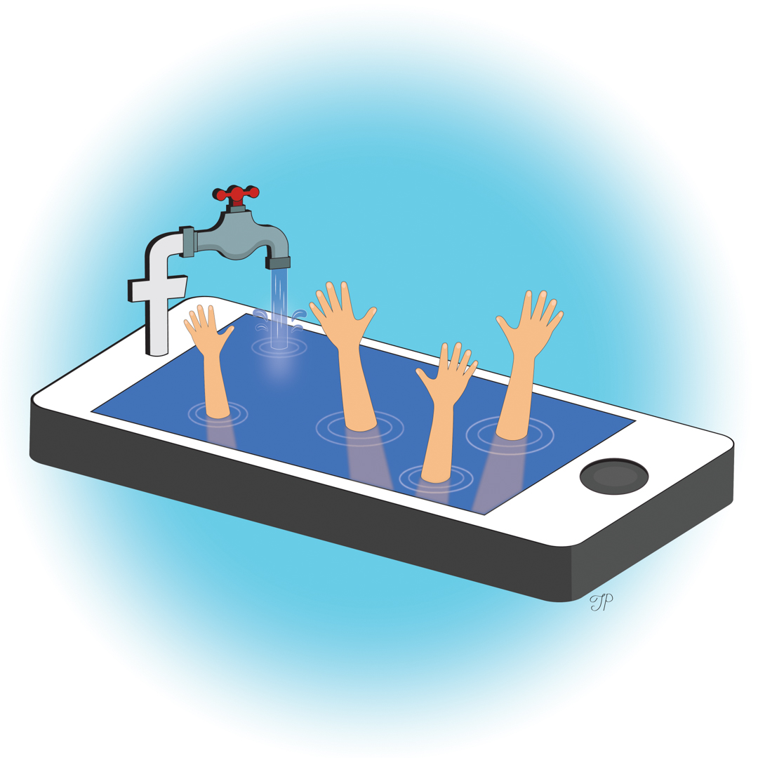 Illustration of a smartphone stylized as a swimming pool, with arms reaching out of it, drowning, as Facebook adds more water