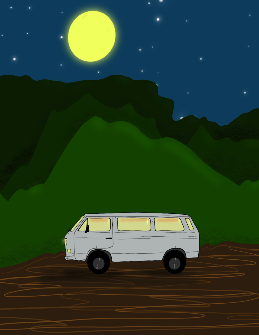 Illustration of a van parked in a forest at night, with light glowing from inside