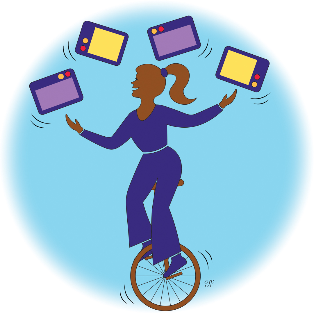 Illustration of a person riding a unicicle, juggling a bunch of browser tabs