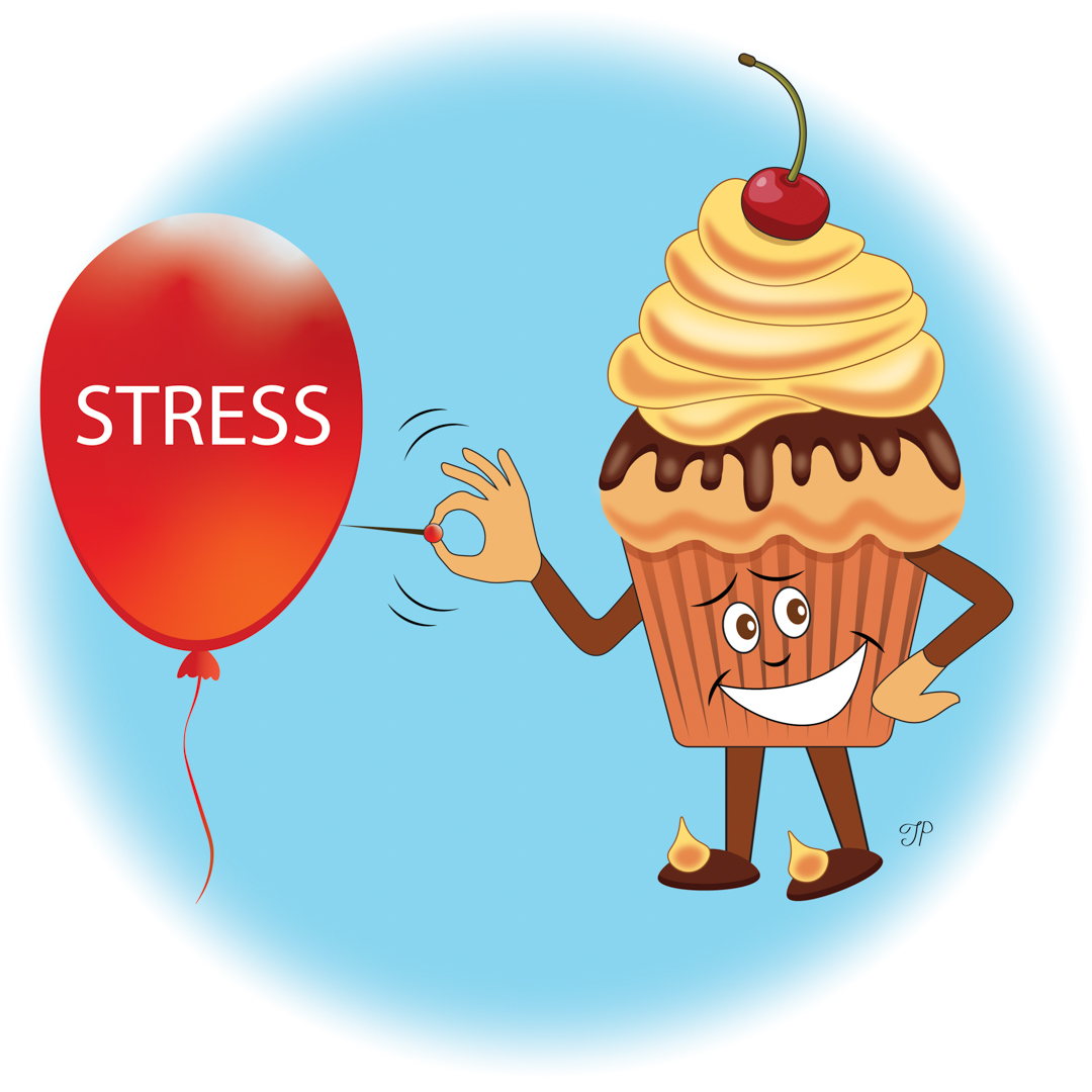 Illustration of an anthropomorphic cupcake smiling coyly and popping a ballon labelled "stress" with a needle