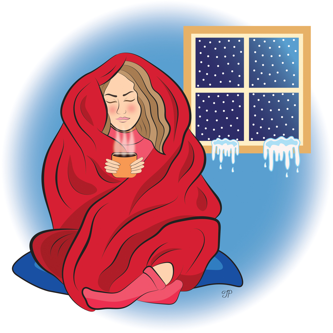 Illustration of a person curled up under a blanket with a hot drink while snow falls outside