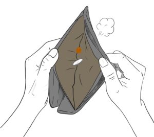 Illustration of a purse that is empty other than a couple small coins.