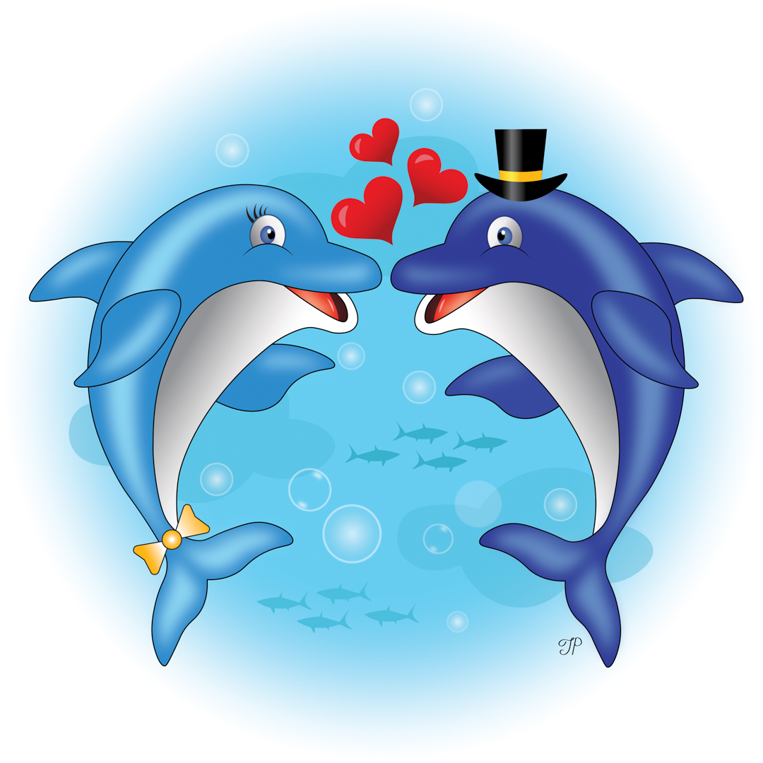 Illustration of two dolphins looking at each other lovingly