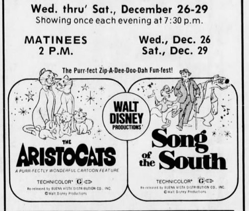 1973 newspaper clipping of an ad for Disney's Song of the South and the AristoCats playing at a Chilliwack theatre
