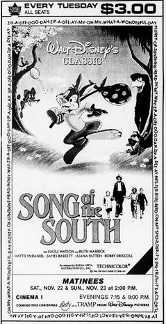 1986 newspaper clipping of an ad for Disney's Song of the South playing at a Chilliwack theatre