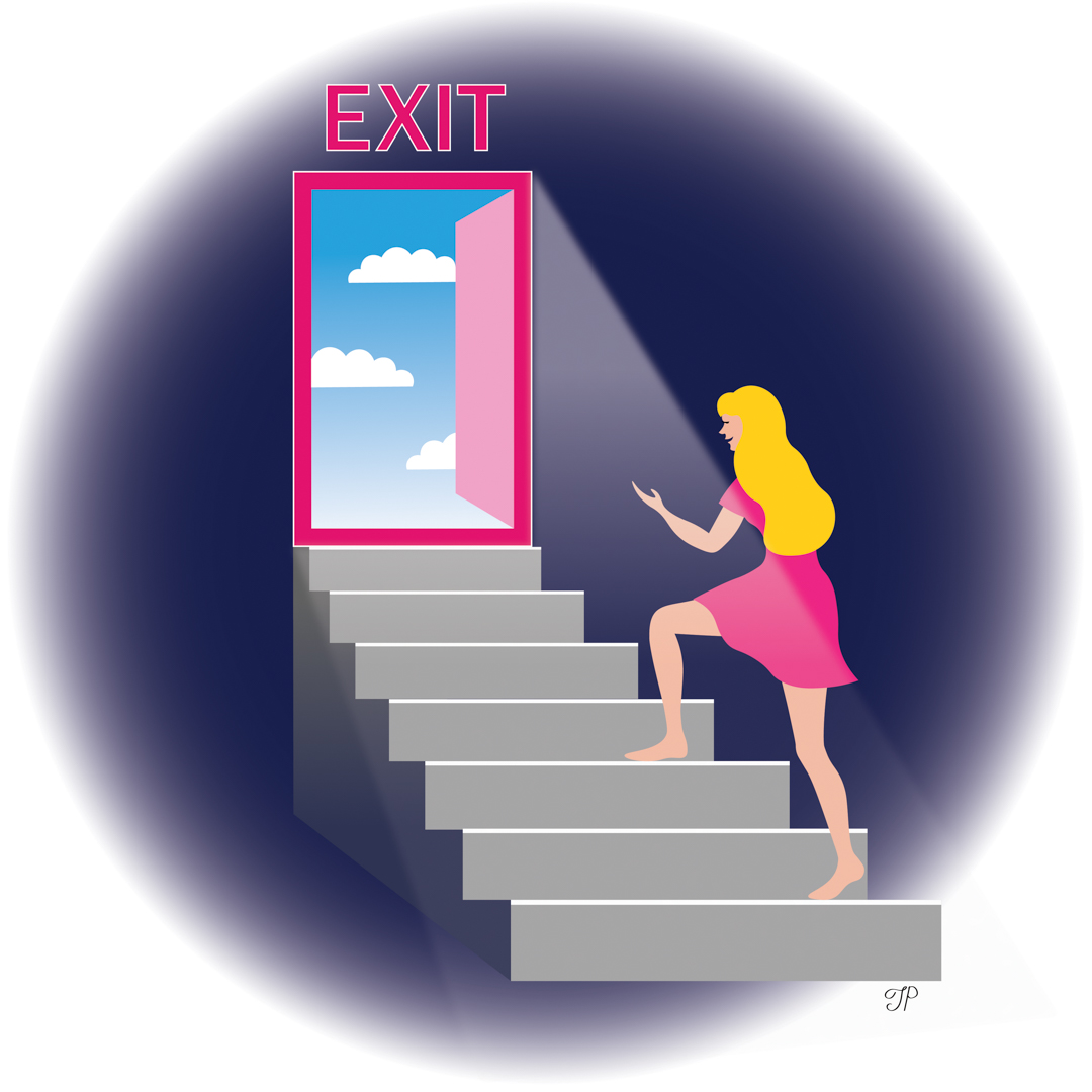 Illustration of a person climbing up stairs out of darkness, to wards a glowing and welcoming exit