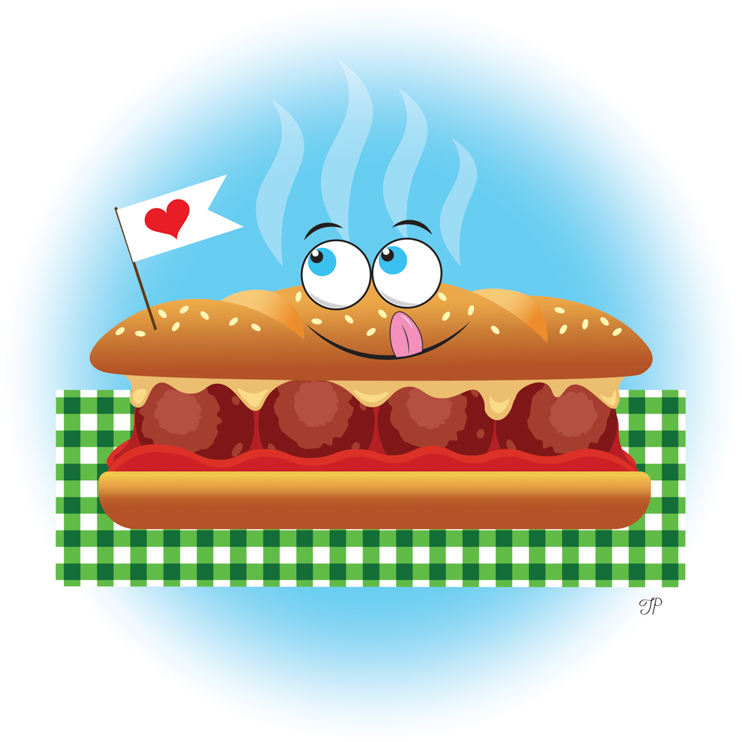 Illustration of a meatball sandwich with a face, licking its lips hungrily
