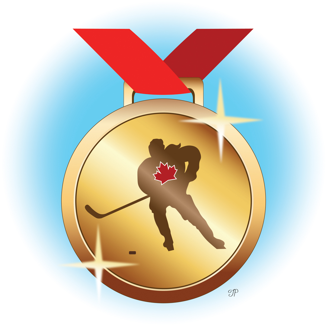 Illustration of a gold medal with the silhouette of a Canadian women's hockey player