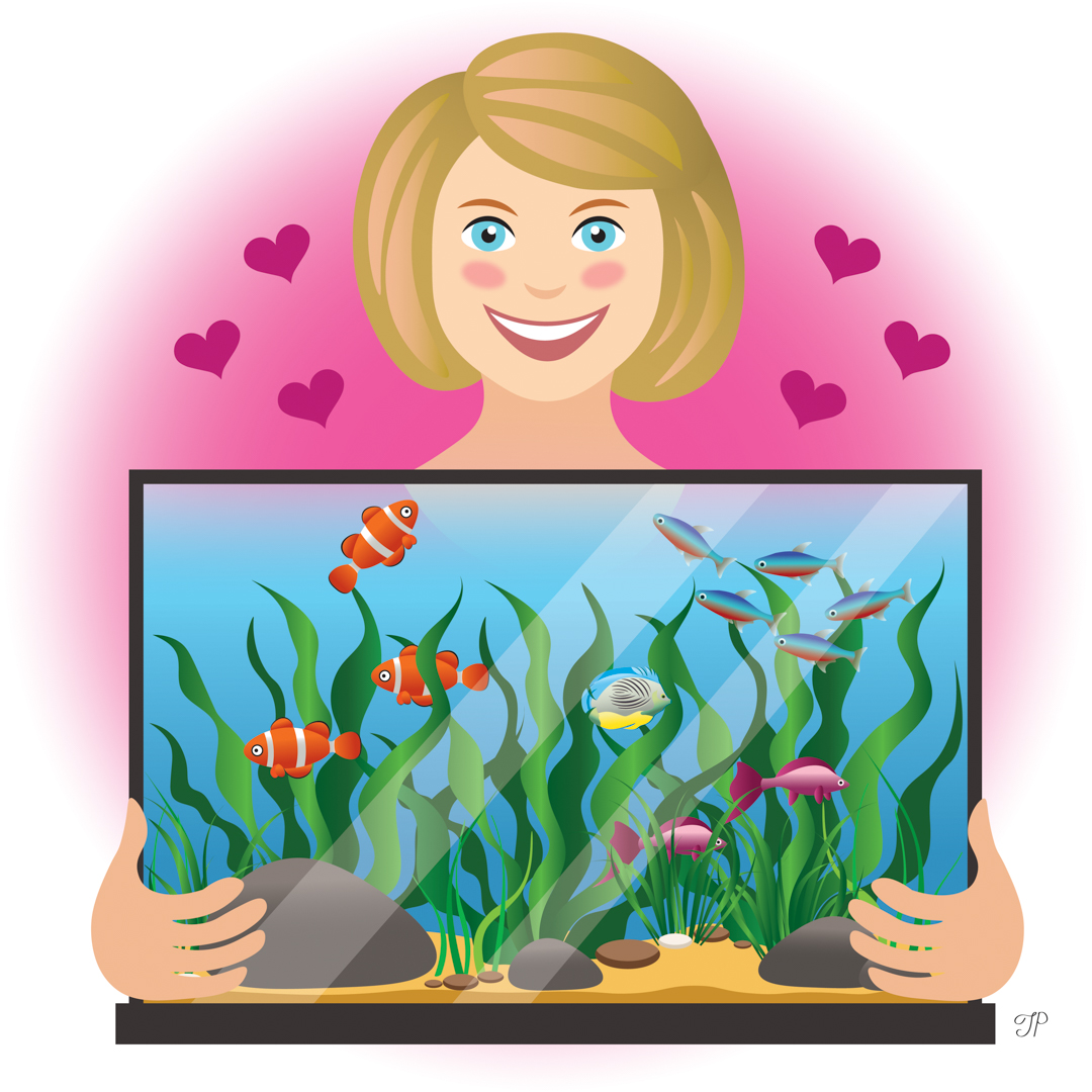 Illustration of a person holding a large acquarium filled with fish and plants
