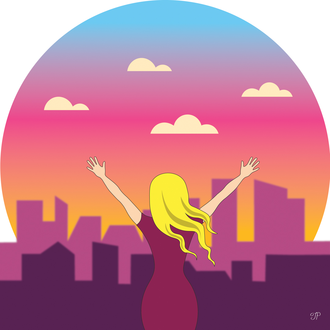 Illustration of a person looking at a beatiful sunset behind a city skyline