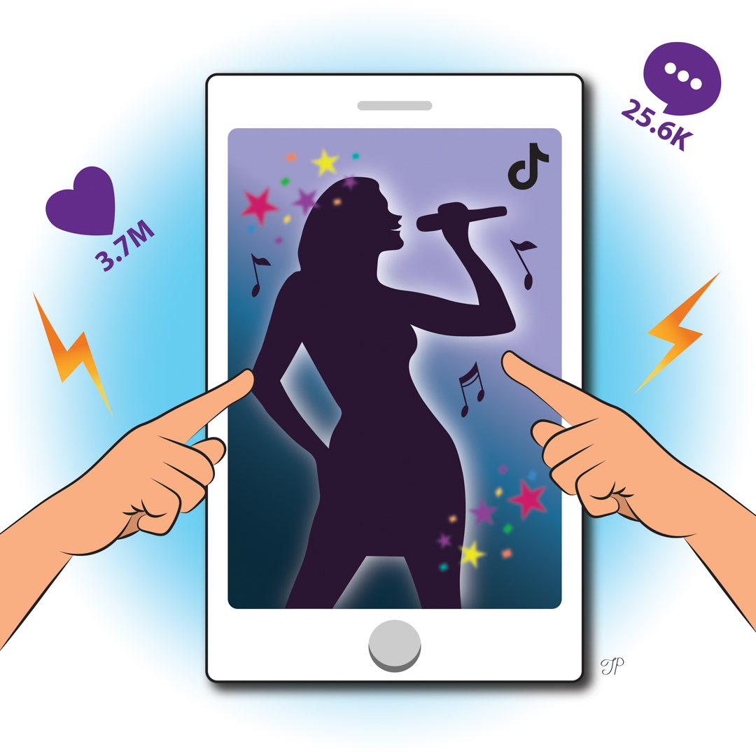 Illustration of a person singing on TikTok and hands pointed at them excitedly, with symbols indiccating huge amounts of likes and comments