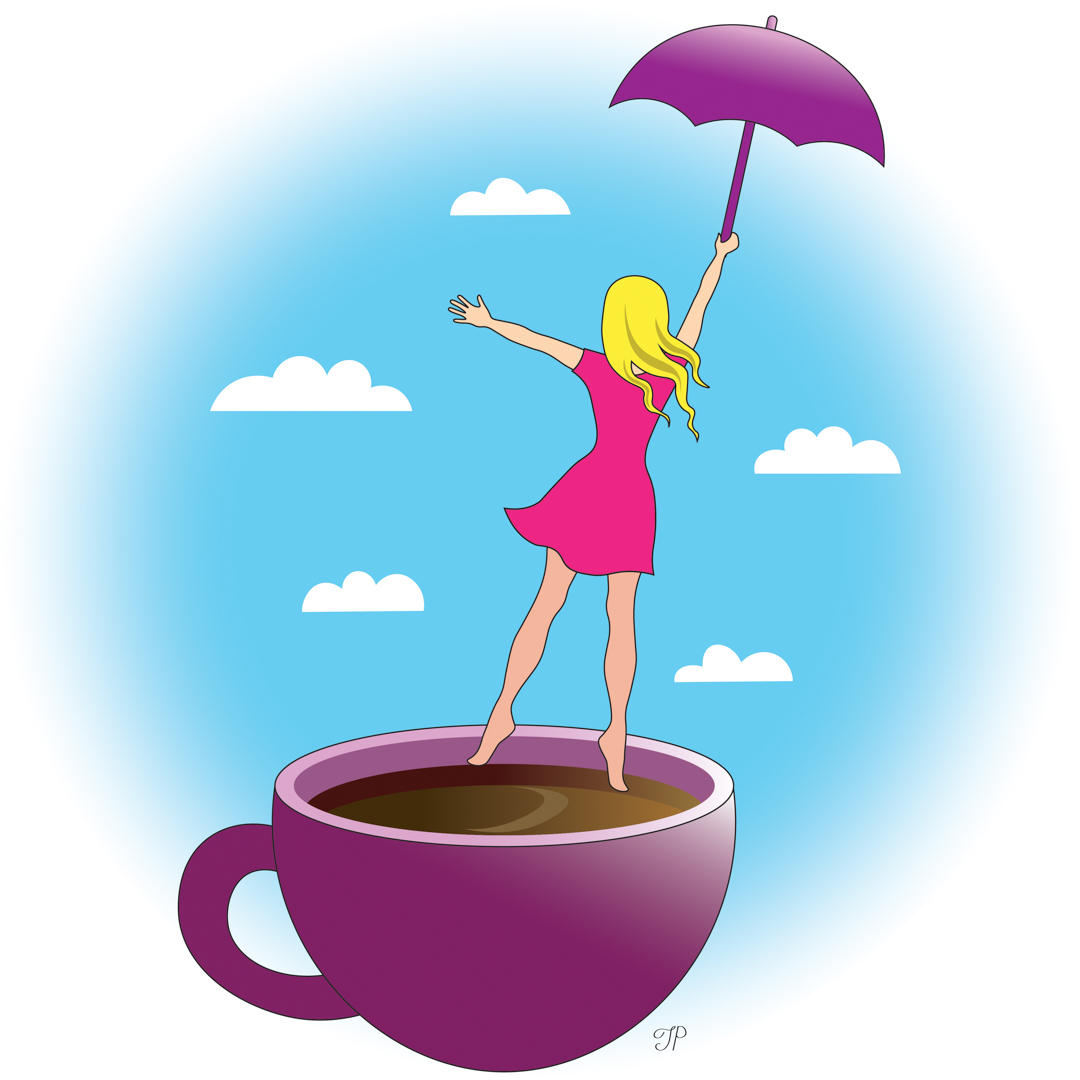 Illustration of a person sailing out of a giant coffee cup on an umbrella, like Mary Poppins