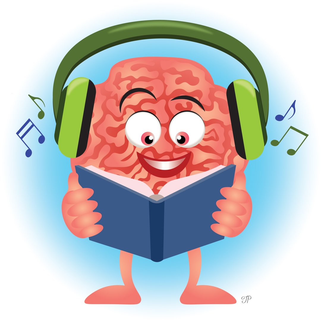 Illustration of an anthropomorphic brain listening to music and reading a book happily