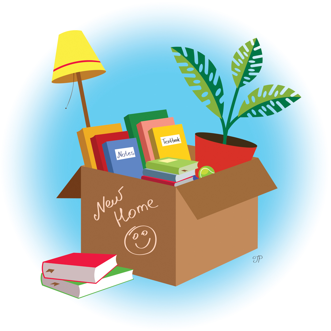 Illustration of a box labelled "new home" with a smiley face. Inside are notebooks, textbooks, a plant, and a lamp