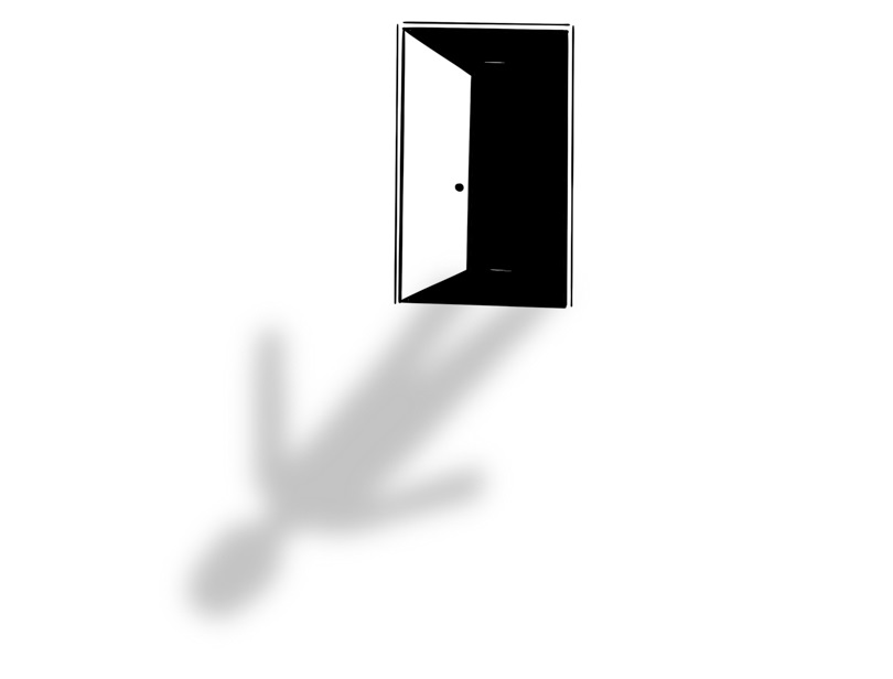 Illustration of an open doorway with a person's shadow coming out of it