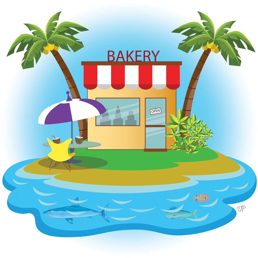 Illustration of a small tropical island with a bakery on it