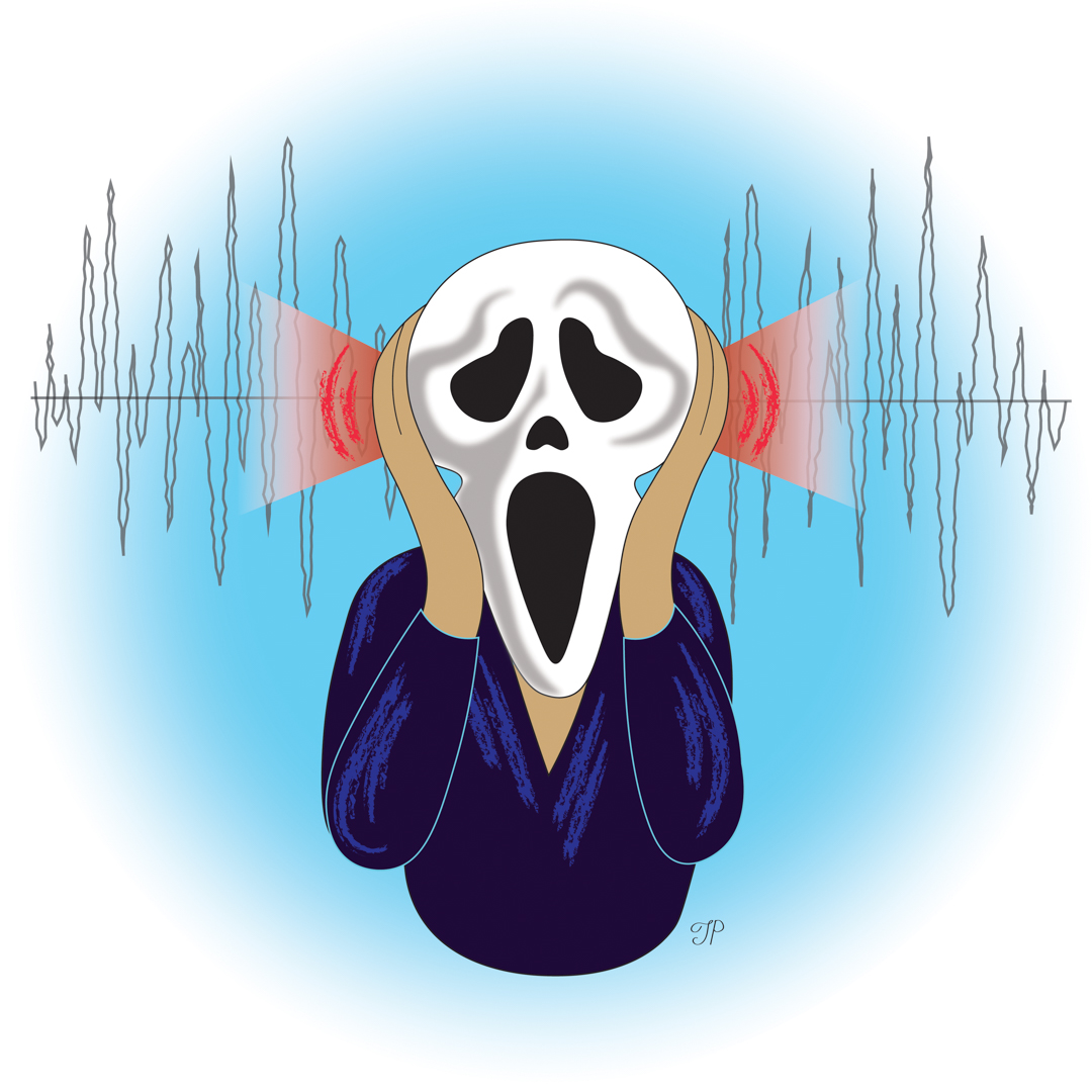 Illustration of a person clutching their ears with a screaming skull face and red light coming from their ears