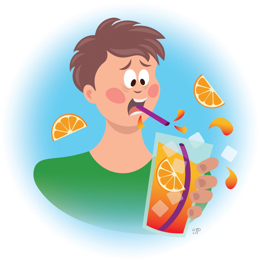 Illustration of a person using a straw to drink juice, and looking surprised and sad as it breaks in the middle
