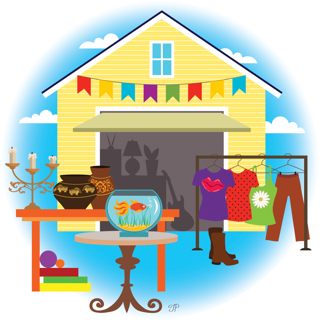 Illustration of a garage sale selling clothes, household items, and a goldfish in a bowl