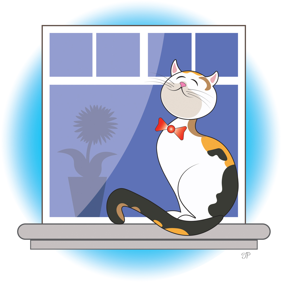 Illustration of a proud calico cat sitting in a window